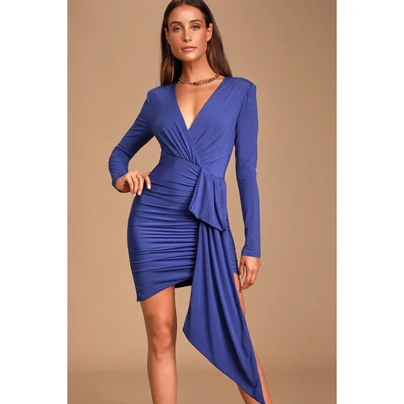 fitted lace wedding dress Royal Blue Long Sleeves Sexy Short Occasion Dress Short Prom Dress fg6 –  formalgowns